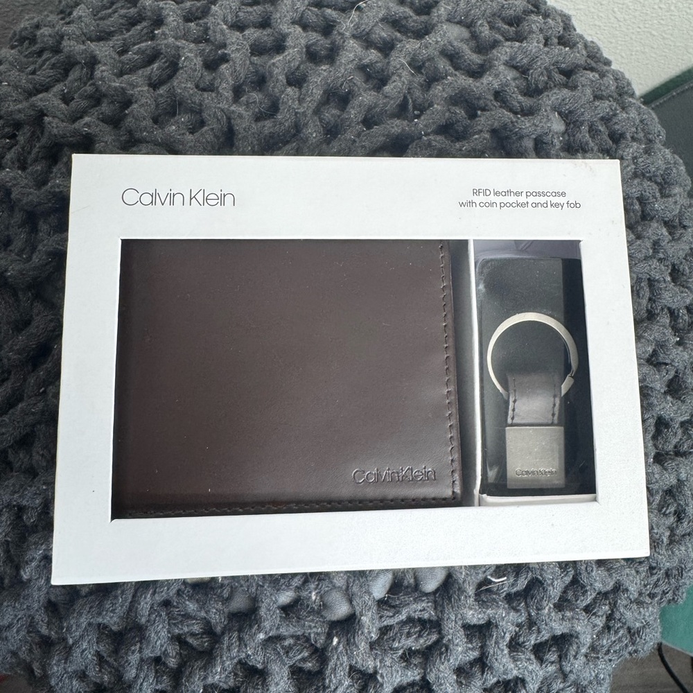 Calvin Klein Dark Brown Leather Wallet and Key Fob Set